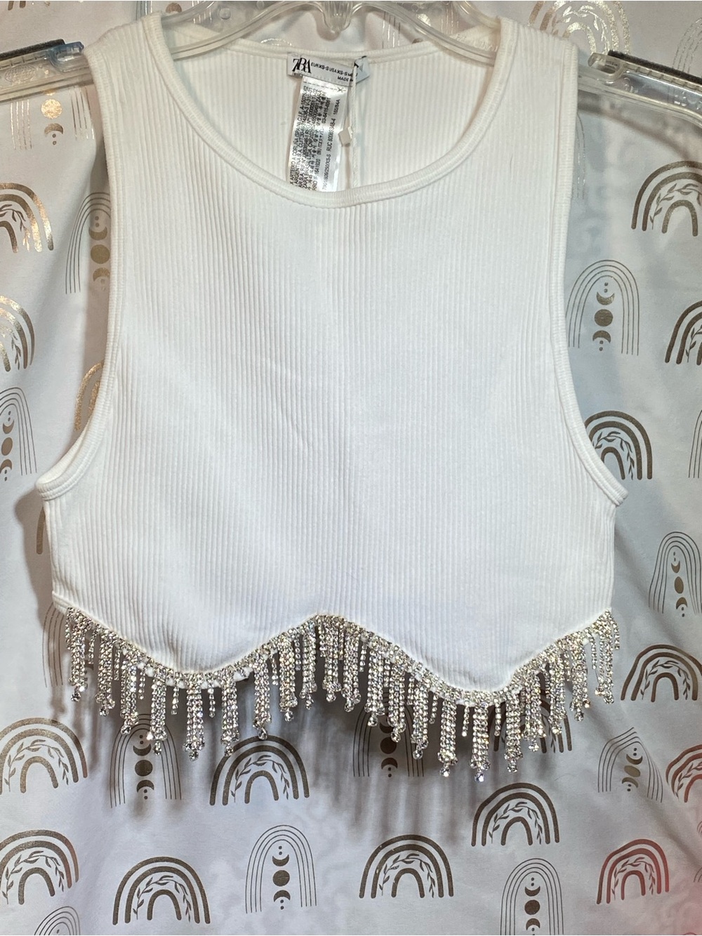 Zara White Ribbed Crop Tank with Beaded Fringe
